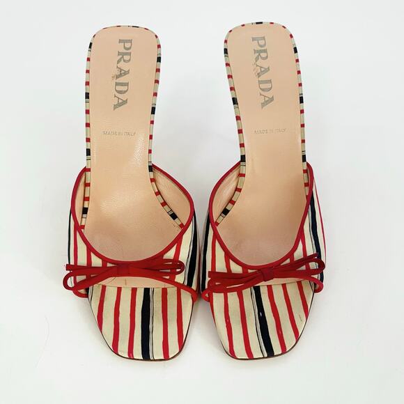 Vintage Prada Red Navy Cream Striped Bow Square Toe Slide Mules Heels IT 38.5 - Picture 2 of 11